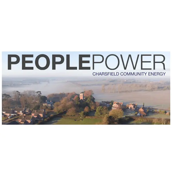 "People Power" logo with text "Charsfield Community Energy" over a scenic background of the Charsfield landscape.