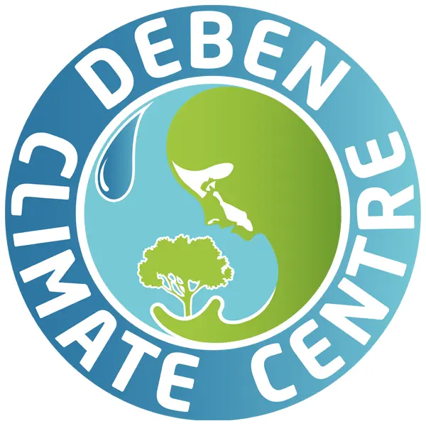 Deben Climate Centre logo featuring a circular design with a blue and green yin-yang symbol, tree, and water droplet.