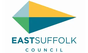 East Suffolk Council logo featuring a triangular geometric design in shades of green, blue, and yellow.