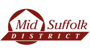 Logo of Mid Suffolk District Council with a maroon circular design and bold text.