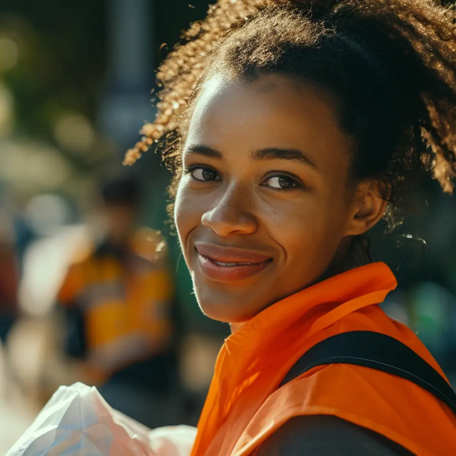 A young woman wearing an orange vest, smiling while volunteering outdoors.