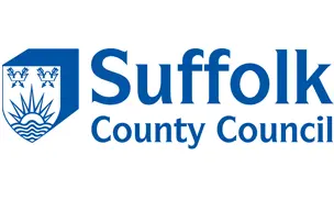 Suffolk County Council logo with a blue shield featuring three crowns and a rising sun over waves.