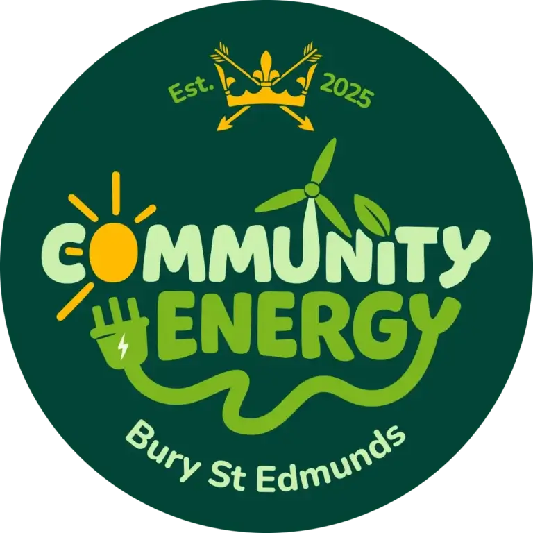 Logo for Community Energy Bury St Edmunds featuring a sun, wind turbine, and electrical plug design on a dark green circular background.